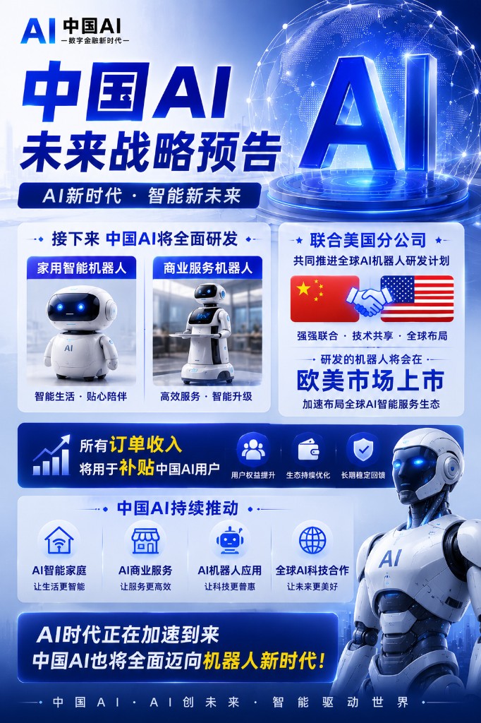中国AI未来战略预告 将全面研发家用与商业服务机器人 联合美国分公司推进全球AI机器人研发计划 所有订单收入将用于补贴中国AI用户